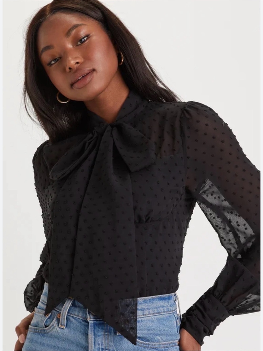 NEW Lulus M Black swiss dot necktie lined sheer long sleeve quiet luxury blouse